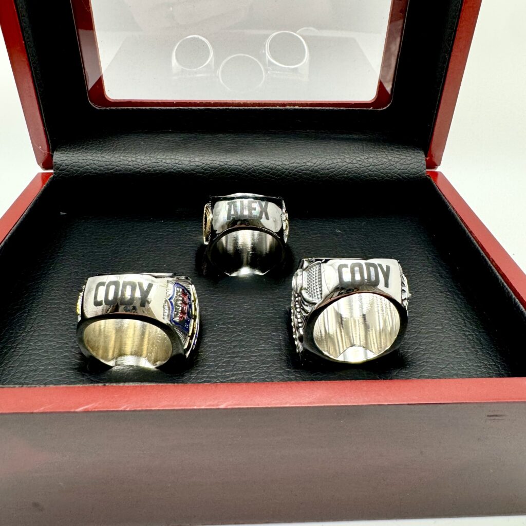 Box with 3 stainless steel custom marked fantasy football rings