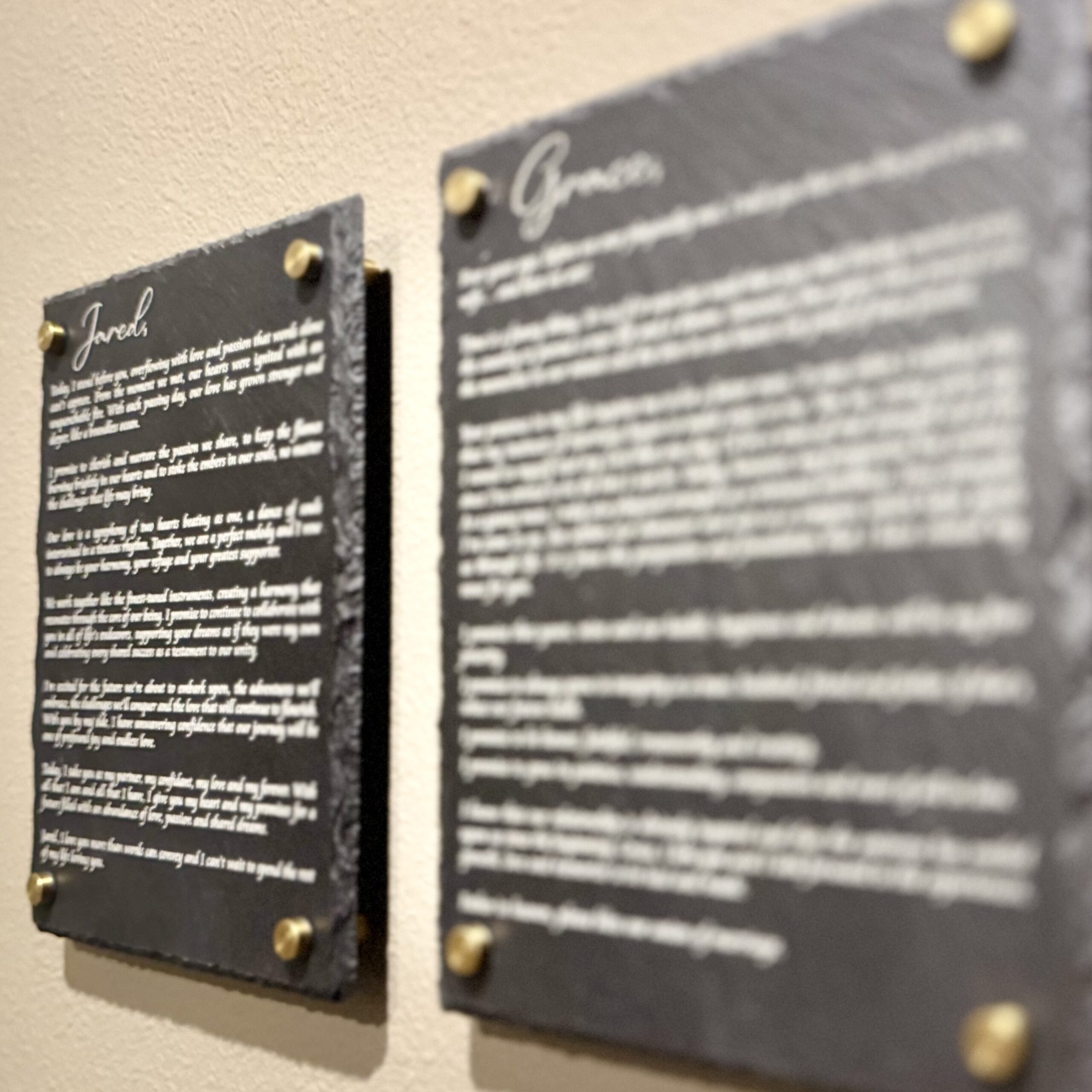2 slate tablets engraved with his and hers wedding vows